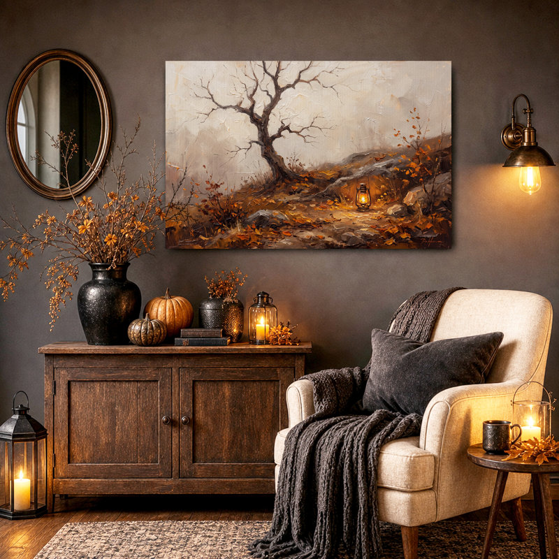 Art mural sur toile, arbre nu et lanterne rougeoyante en bois d'automne, H 36 po x l 48 po