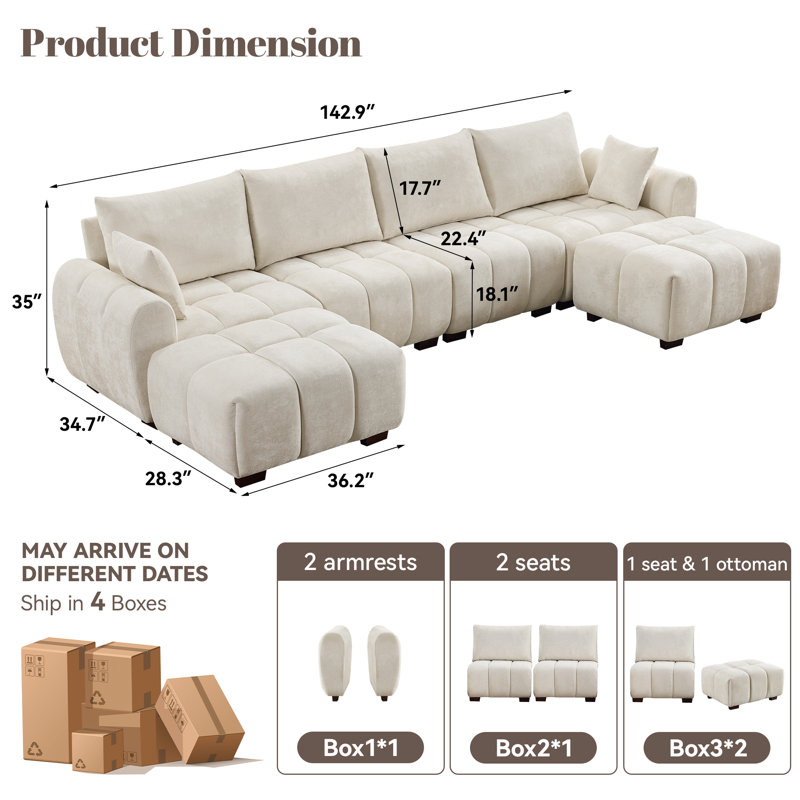 Canapé Mid-Century moderne avec accoudoirs amovibles et repose-pieds, Chenille beige, H 35 po x l 142,9 po x P 63 po