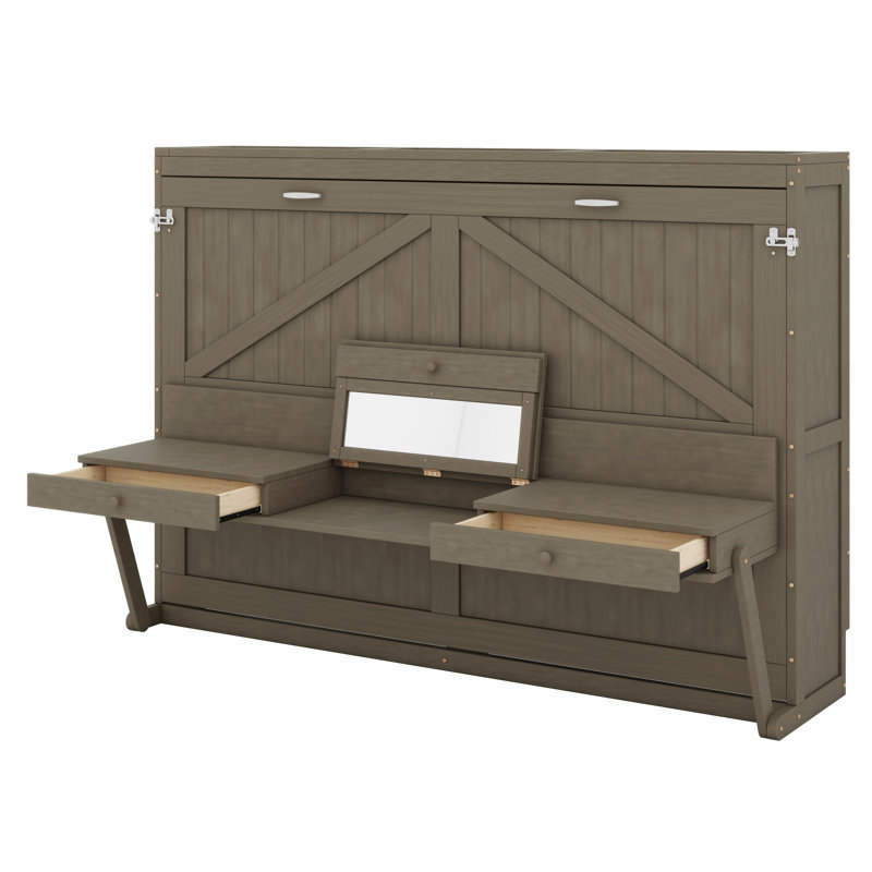 Lit escamotable tout-en-un avec rangement, coiffeuse, miroir et 2 tiroirs latéraux, Gris patiné