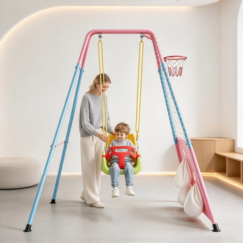 3-in-1 Toddler Swing Set with Basketball Hoop and Soccer Goals , Indoor/Outdoor Baby Swing with Foldable Metal Stand, Kids Swing Set for Backyard, Clear Instructions, Easy to Assemble & Store