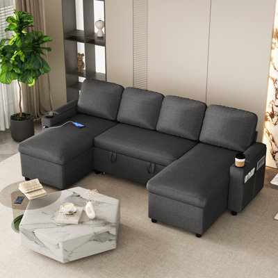 Corner Sofa Bed, U-shaped Sleeper Sectional Couch Bed, 3-in-1 Convertible Pull Out Sofa Bed With Adjustable Backrest, Storage, Usb And Cup Holder For Living Room
