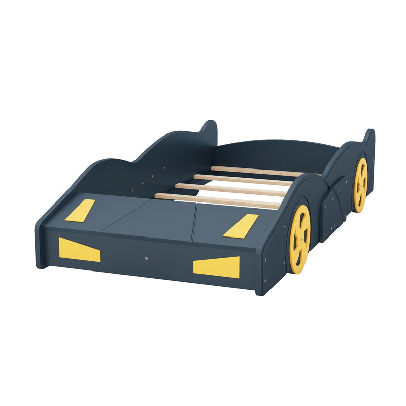 Lit plateforme simple en forme de voiture de course avec roues et rangement, bleu foncé et jaune, Dark Blue