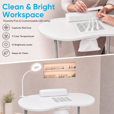 Table de manucure pliante portable avec lampe DEL, collecteur de poussière, roues, rose / blanc / noir