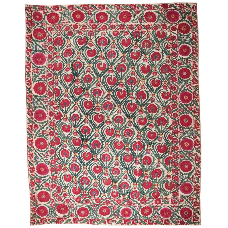 Suzani Uzbek-Themed Woven Base Rug, Rectangle 2 pi 7 po x 4 pi 11 po