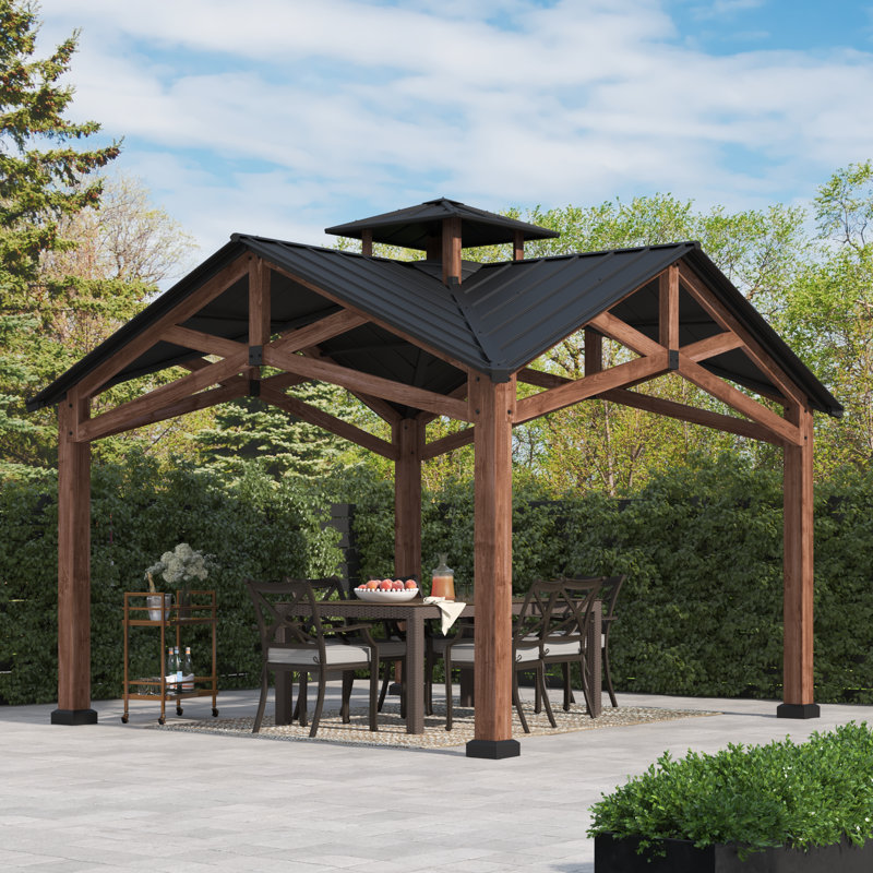 Bella Hardtop Gazebo 12.5 x 12.5 ft.  Outdoor Cedar Frame Wood Gazebo with Steel 2-Tier Hardtop Roof and Ceiling Hook