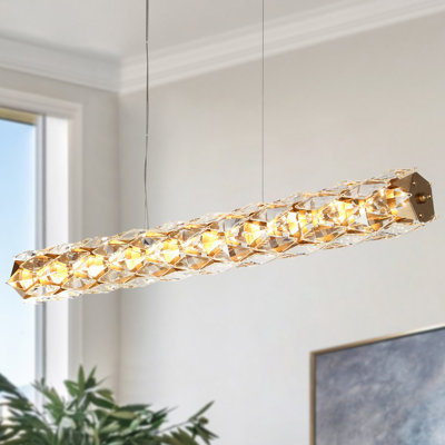 Barela Cortland 1-Light 35.8" Contemporary Crystal Linear Chandelier, Gold Finish Glam Pendant Light with Handcrafted Faceted Glass Accents