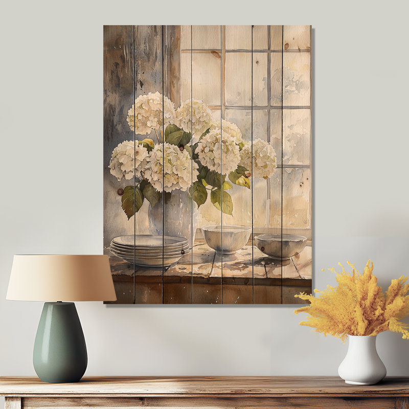 Hortensias dans le coin-repas I - impression d'hortensias sur bois de pin naturel, H 20 po x l 10 po x P 0,78 po