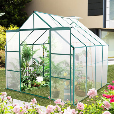 Serre en polycarbonate de 8 pi x 8 pi pour cour extérieure, avec base galvanisée, cadre pour plantes toutes saisons, cadre, base en saisons