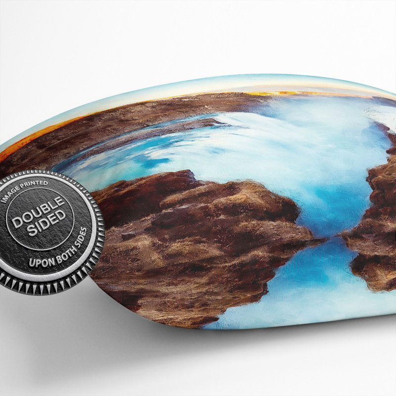 A Waterfall in Iceland Painting Scatter Cushion, 40cm H x 40cm W x 15cm D, Blue