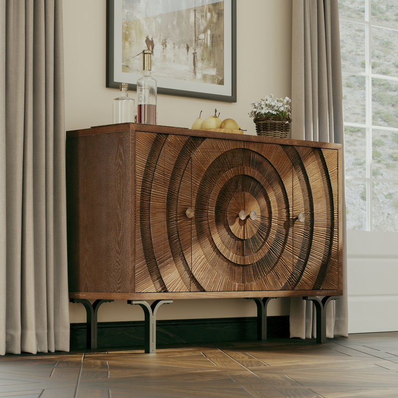 Farland Rustic 4-Door Storage Cabinet, Accent Sideboard Buffet Cabinet With Circle Pattern And Radioactive Lines, Brown