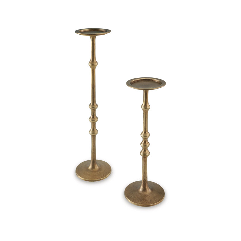 Ensemble de 2 porte-bougies Lara, fonte d'aluminium, finition laiton antique