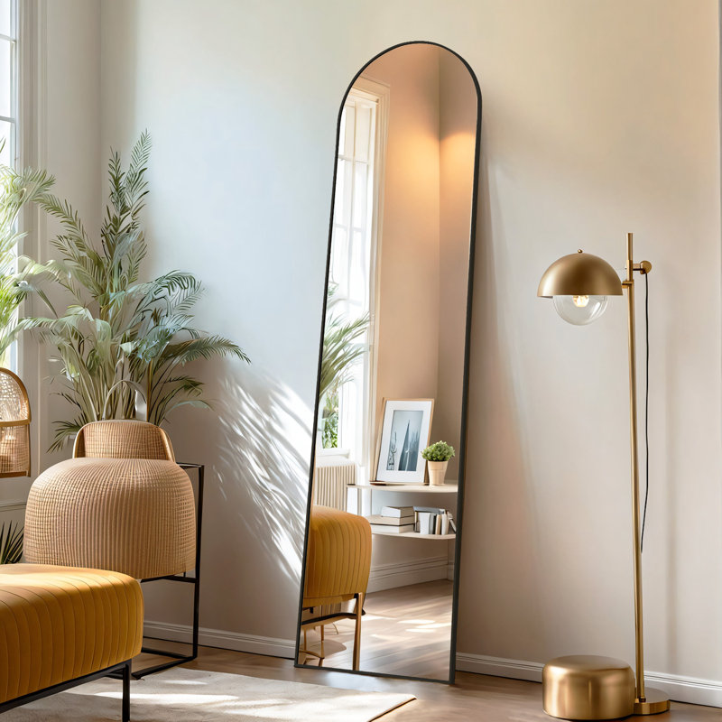 Levente Full Length Mirror, Arched Floor Mirror Freestanding, Full Body Mirror With Stand For Living Room, 59" x 16", Black