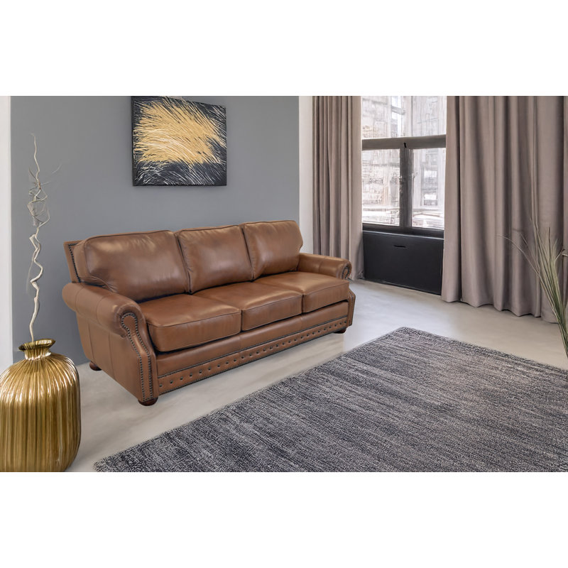 Speroni 100" Genuine Leather Rolled Arm Sofa, Berkshire Walnut Genuine Leather