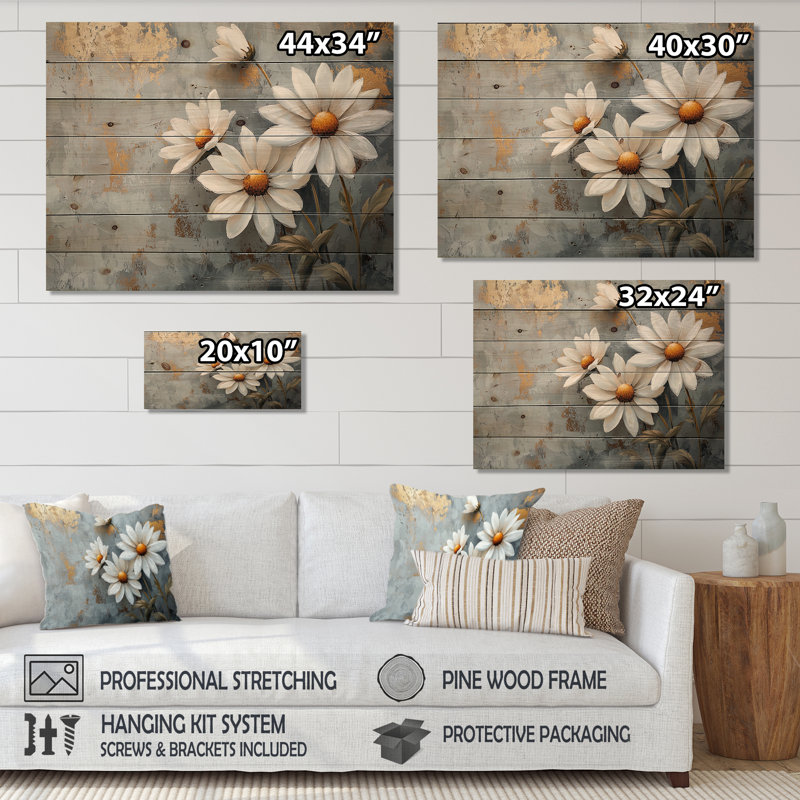 Geraniums Pure Form Minimalism I - Daisies Wood Wall Art - On Natural Pine Wood, 30" H x 40" W x 0.78" D
