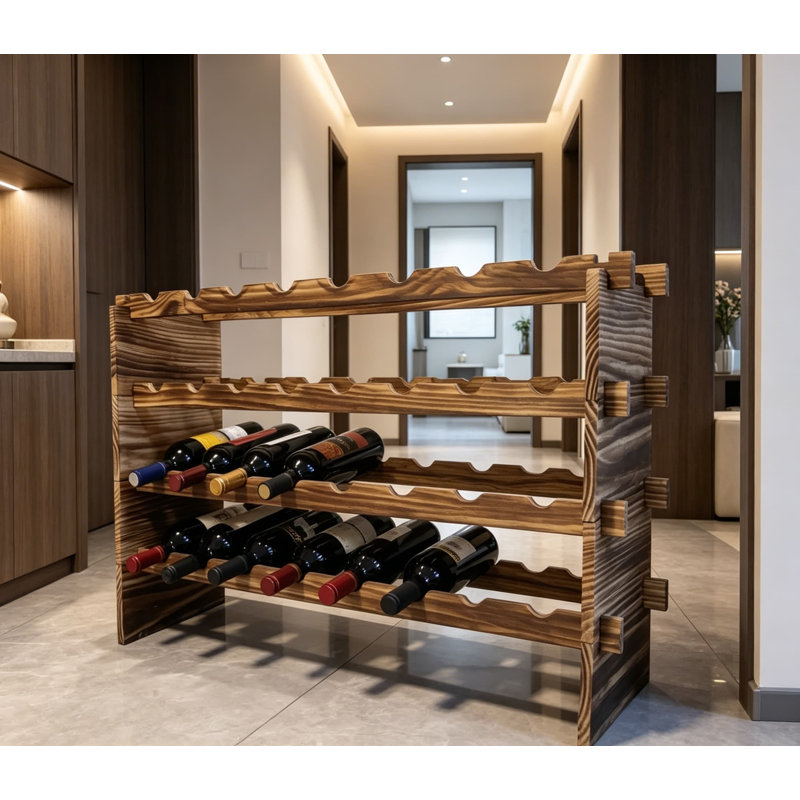 32 Bottle Wine Rack Stackable 4-Tier, Freestanding Carbonized Pine Wood Storage Organizer For Home Bar, Kitchen, Countertop, Modular DIY Design