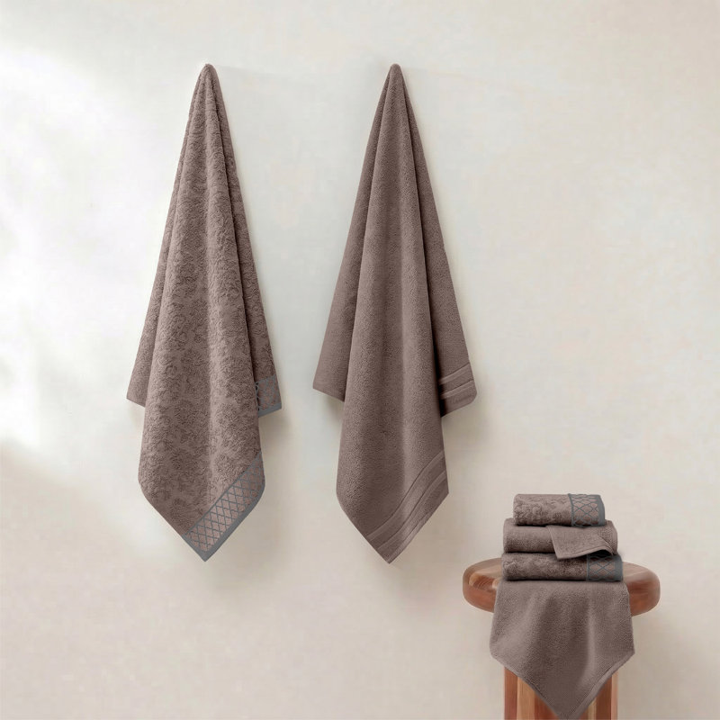 Ensemble de serviettes de 6 pièces en jacquard damassé / 100% coton peigné uni ultradoux de 550 g/m² avec bordures décoratives Modern Threads