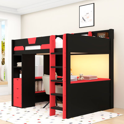 Lit mezzanine 3 tiroirs avec bureau, éclairage à DEL et ports de charge