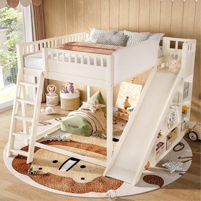 Full Size Loft Bed with upholstered headboard and storage shelves, complete with ladder and slide, Beige