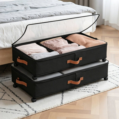 Set of 2 Black Underbed Storage Box With Wheels, Rolling Under Bed Storage Container With Dividers, Clear Lid & Handles, Collapsible Under Bed Organizer For Clothes, Blankets, And Bedding