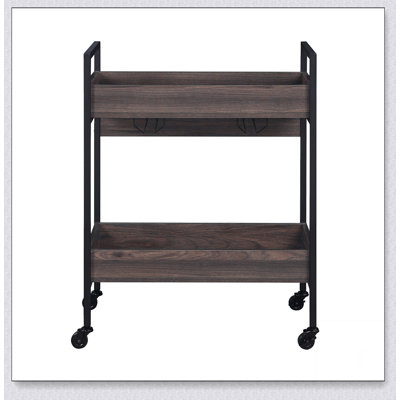 Rectangular Serving Cart with 2 Tier Shelf, Walnut Finish, and Cup Holder, Perfect for Entertaining and Storage