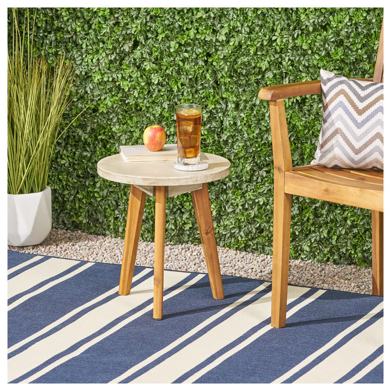 Marina Outdoor Side Table - Acacia Wood Round Patio End Table with Tripod Base, Light Gray Finish