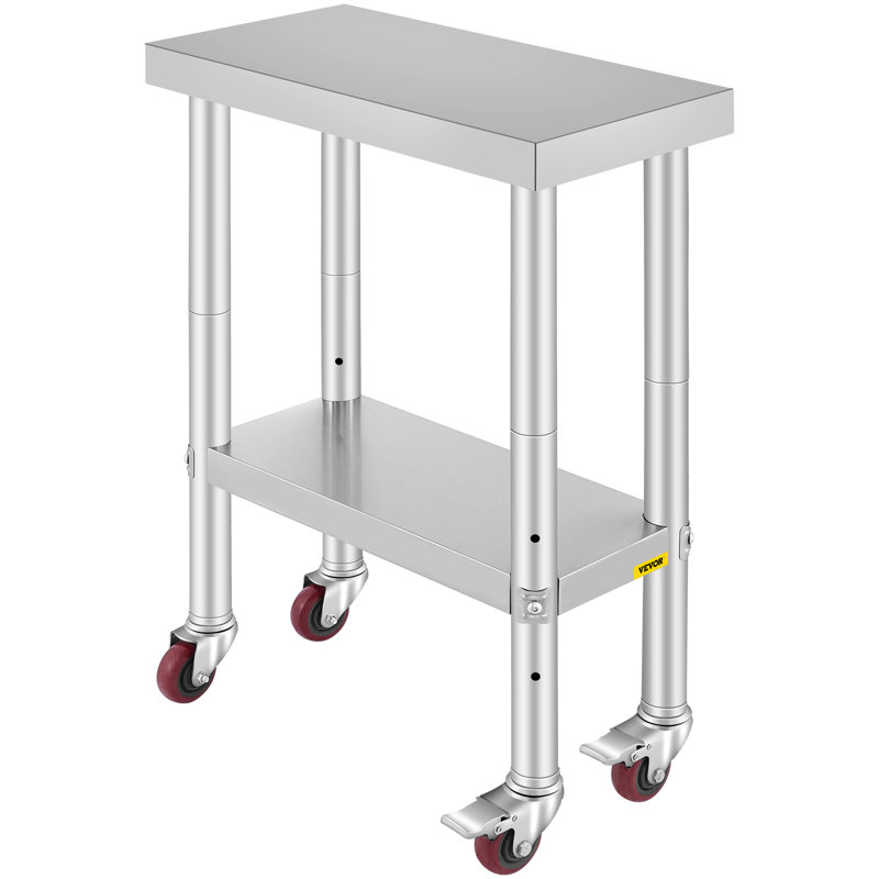 Stainless Steel Work Table 12 x 24 x 34 Inch, 700 LBS Load Capacity with 4 Wheels, 3 Adjustable Height Levels, Heavy-Duty Food Prep Worktable for Commercial Kitchen Restaurant, Silver