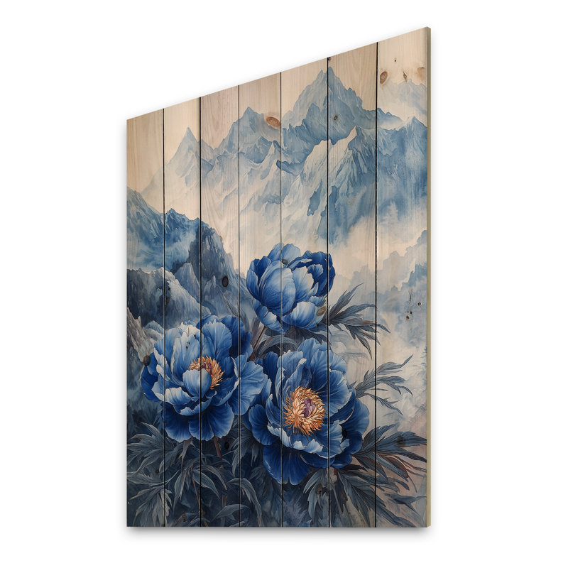 Pivoines dans les montagnes lointaines I - Décoration murale en bois de pivoines - sur bois de pin naturel