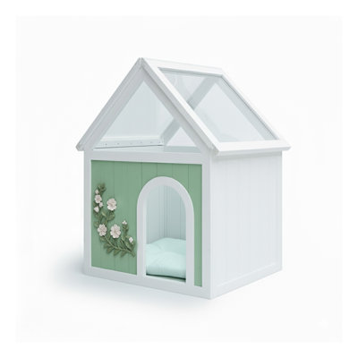 Transparent Roof Wooden Pet House With Floral Carvings  FSC Cedar Indoor Shelter For Cats & Small Dogs 63.5×47.5×77.6 Cm