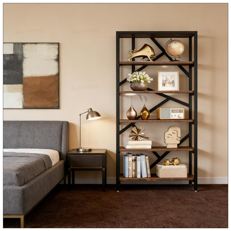 Grande bibliothèque polyvalente à 6 niveaux avec un design robuste pour la maison et le bureau modernes, maximise l'espace de rangement vertical