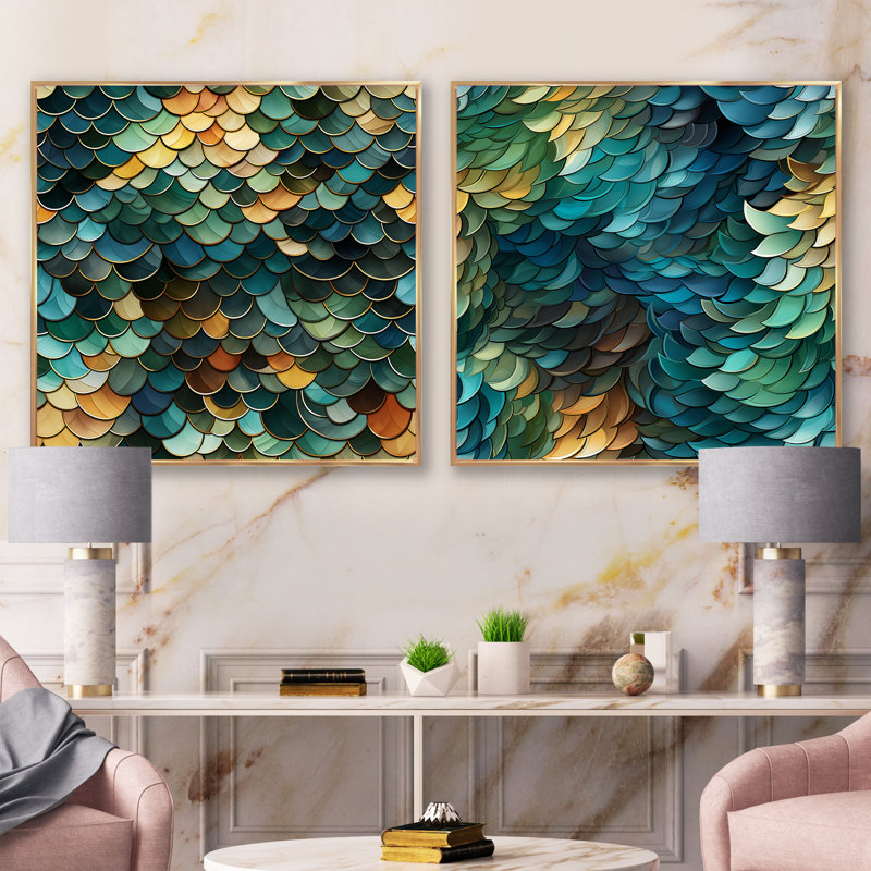 Émeraude et mosaïque bleue symphonie - ensemble de 2 collages carrés abstraits, Cadre flottant doré, H 36 po x l 73 po