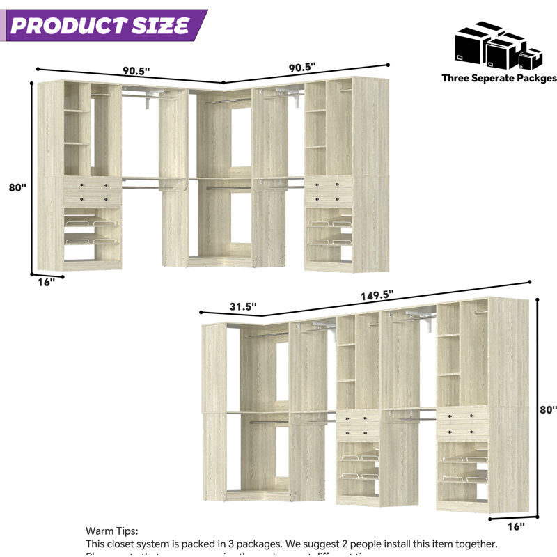 Navada 90.5"-149.5" Closet System with Wooden Drawers and Shoe Racks, Washed Oak