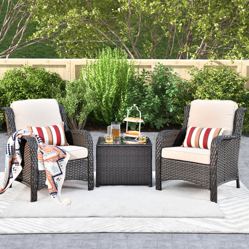 Ensemble de patio 3 pièces en osier / rotin avec coussins Thala, Beige, Brun