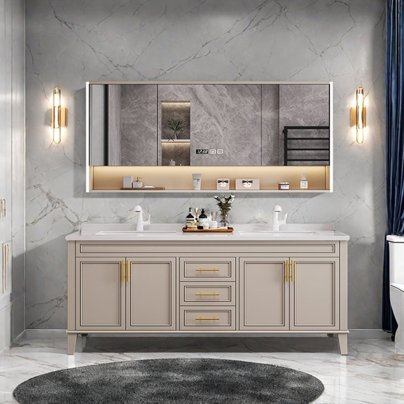Simple modern French style bathroom cabinet, 32.28'' H x 62.99'' W x 21.65'' D, Beige