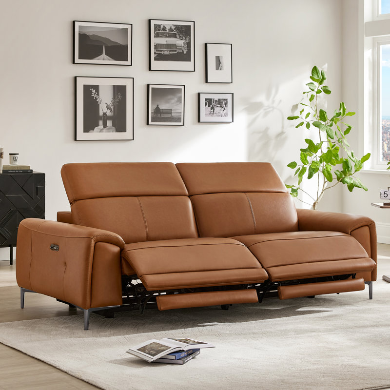 89'' Genuine Leather Power Reclining Sofa with USB Charging, Saddle
