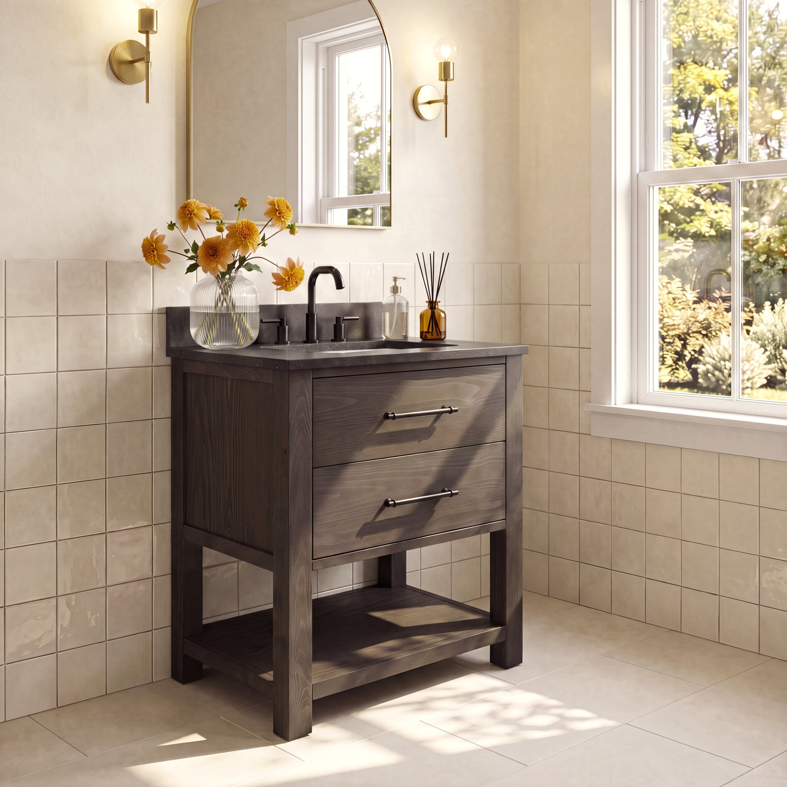 Keri 30" Carrara Marble Single Bathroom Vanity, Smoke Gray/Matte Black