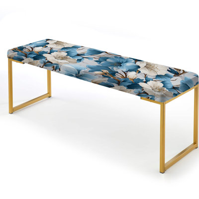 White And Blue Bliss Floral Pattern I - Floral Upholstered Gold Bench