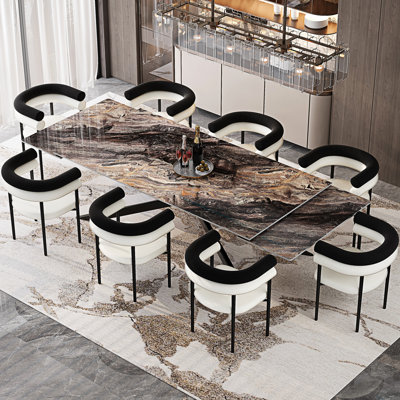 9 - Piece 110'' Extendable Dining Table Set Sintered Stone Dining Table With 8 Fabric Arm Chairs