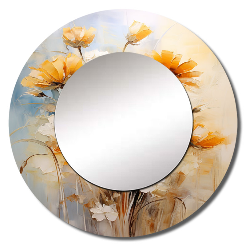 Beige tournesols romantique Impression III - miroir décoratif tournesols, miroir mural rond jaune, impression d'art en métal