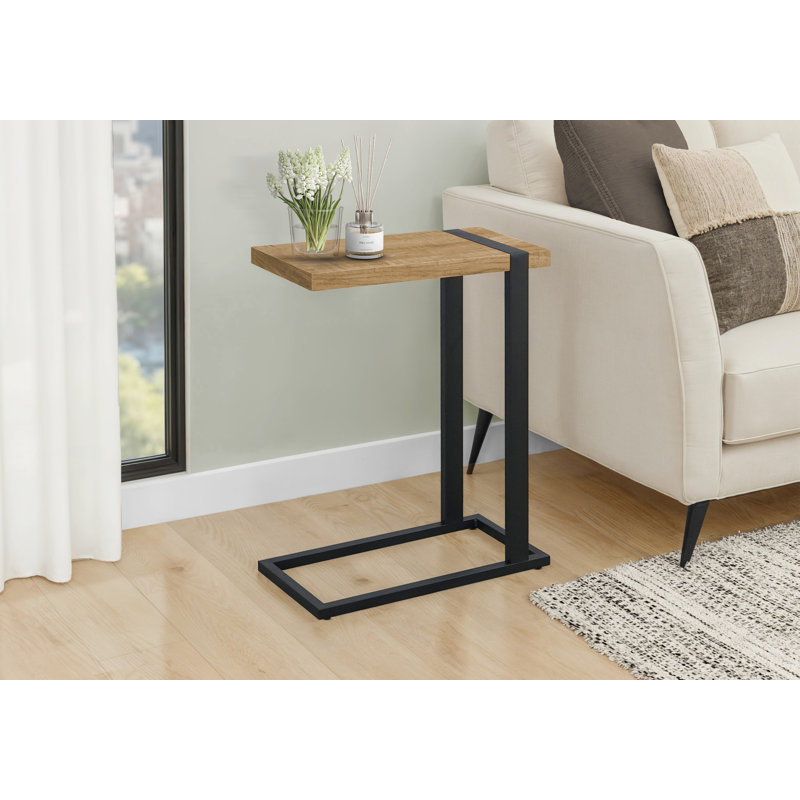 Table d'appoint moderne en forme de C de 25 pouces - Table d'appoint aspect bois de manguier avec structure en métal noir robuste