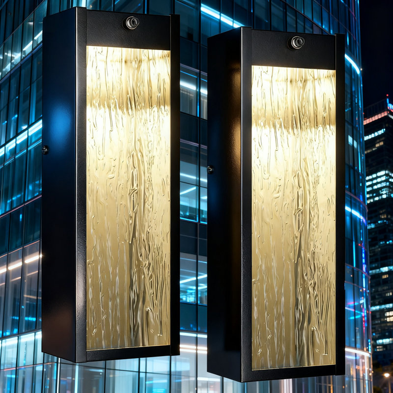 Dusk To Dawn Outdoor Wall Light With Water Ripple Glass, 15 Inch Integrated LED Exterior Lighting Fixture, Weatherproof Wall Mount Lantern For Porch Garage Front Door