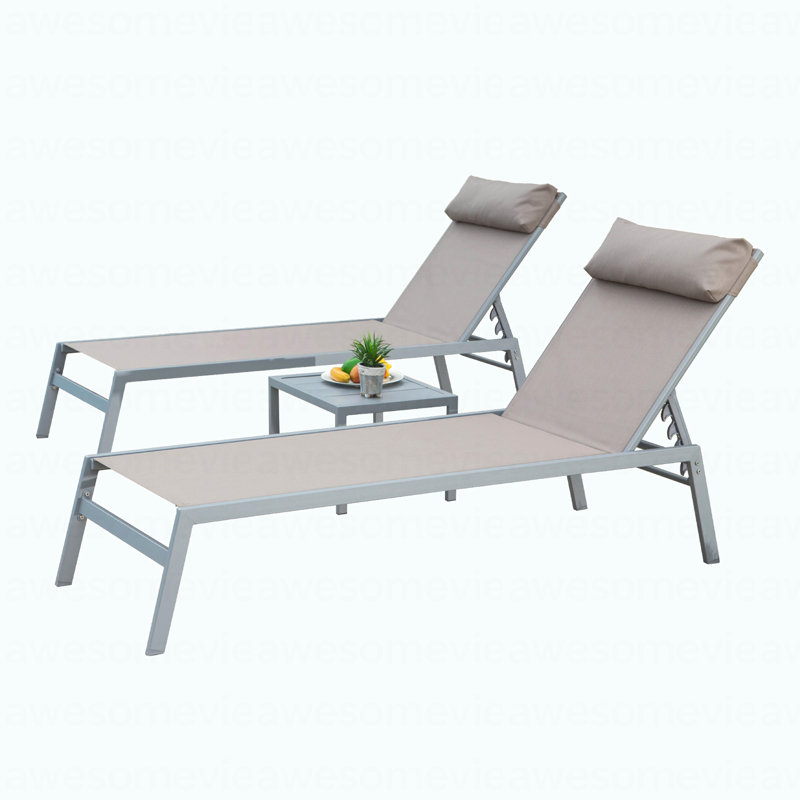 Patio Chaise Lounge Set Of 3, Aluminum Lounge Chairs With 5 Adjustable Positions, Outdoor Chaise Lounge For Pool, Deck, Garden, Backyard, Sunbathing (Khaki,2 Lounge Chairs+1 Table)