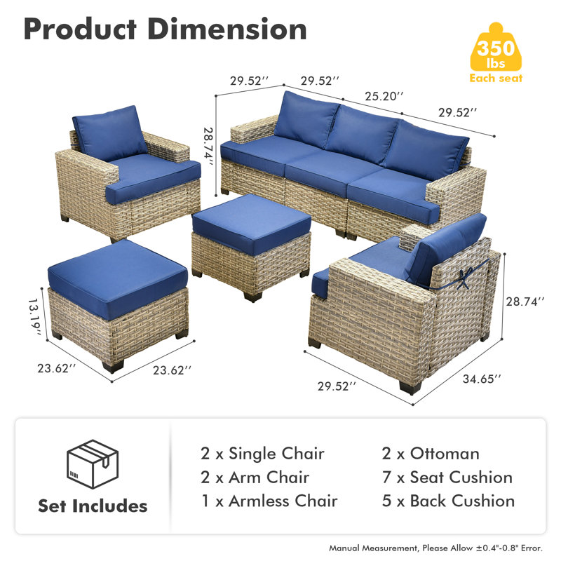 Outdoor Furniture 7 Pieces Set With Ottoman, Navy