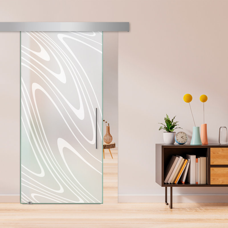 Porte de grange coulissante en verre sans cadre avec design moderne sablé + ensemble de quincaillerie (double-privée)