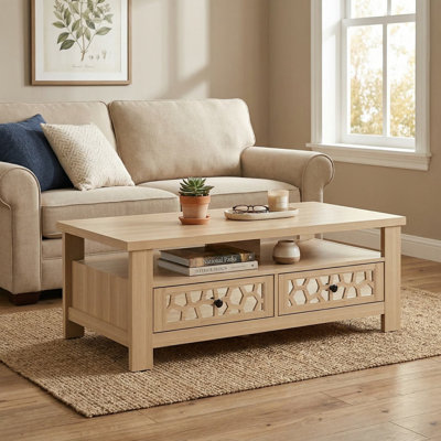 Sturdy Modern 3 Tier Coffee Table With 2 Spacious Pull Out Drawers And 5 Reinforced Stable Support Legs For Living Room
