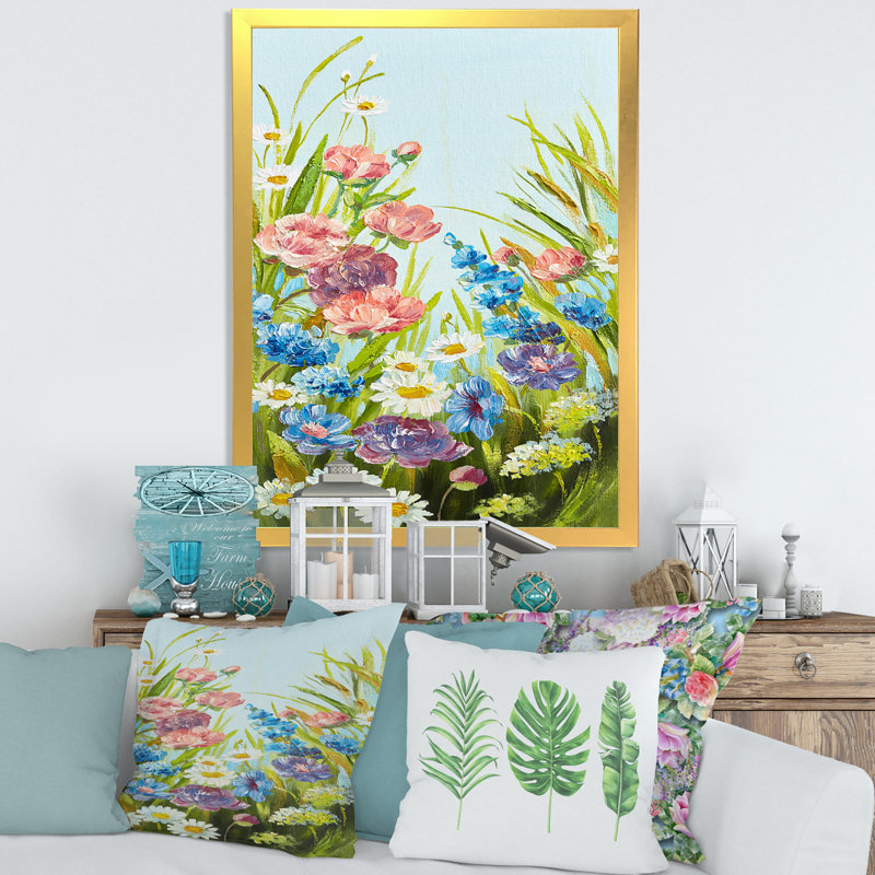 Nature morte aux fleurs sauvages colorées III - Peinture sur toile, Cadre doré, H 40 po x l 30 po x 1,5 po