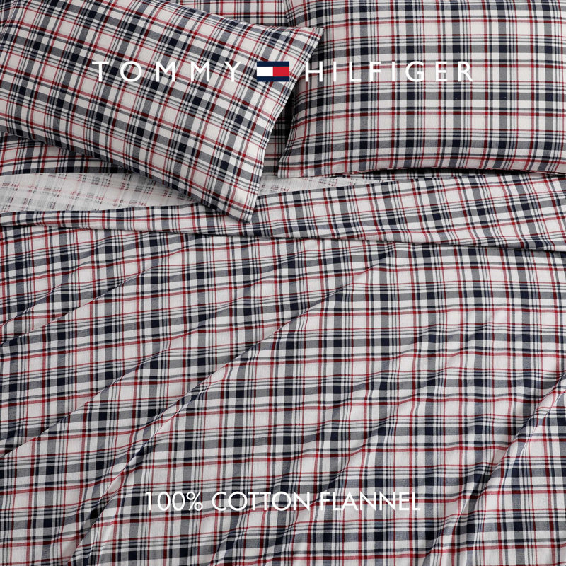 Tommy Hilfiger Glenbrook Plaid Blue Cotton Flannel Sheet Set , King Sheet Set with 2 Pillowcases, Glenbrook Plaid Blue