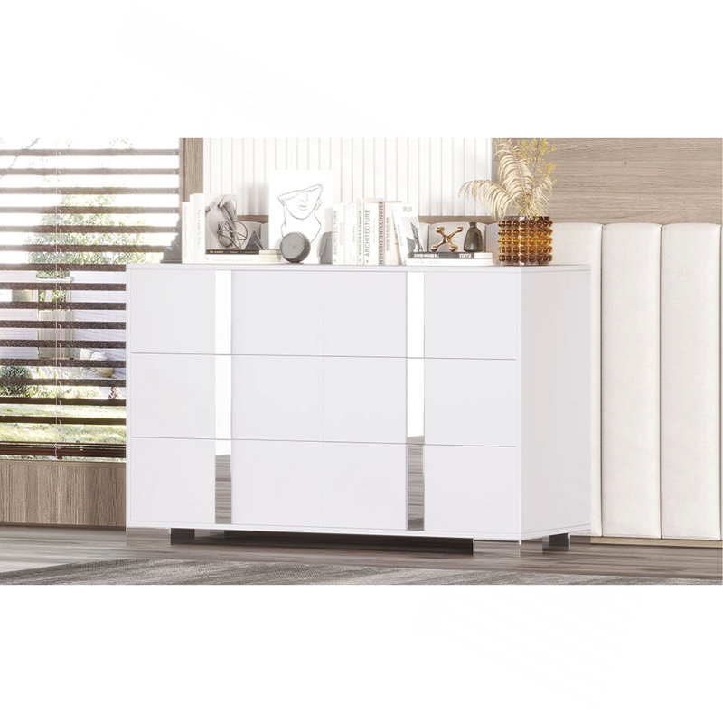 Commode élégante avec poignée en métal, armoire de rangement à miroir avec 6 tiroirs pour chambre à coucher, salon, blanc