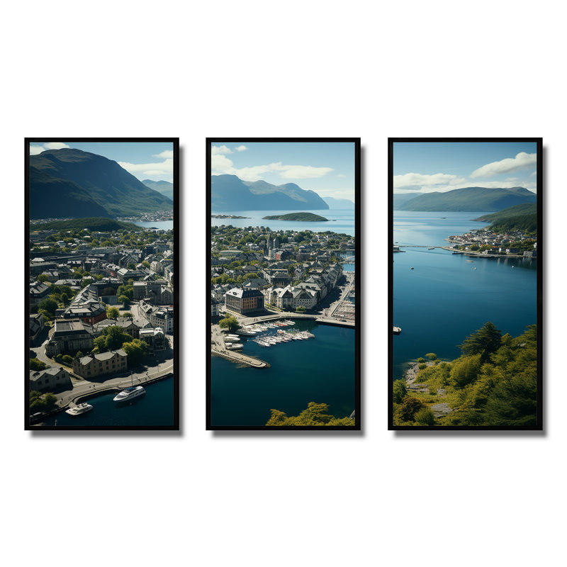 Allemagne, Aalesund Essence, ville portuaire - Allemagne, art mural, Cadre flottant noir, H 32 po x l 48 po x P 1 po