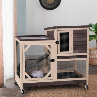 Rabbit Hutch Rabbit Cage Indoor Bunny Hutch with Run Outdoor Rabbit House with Two Deeper No Leak Trays - 4 Casters Include, Coffee