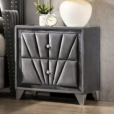 Table de chevet grise pour chambre à coucher, 2 tiroirs, plateau en verre, pieds, acrylique imitation cristal, revêtement en tissu, assemblage facile